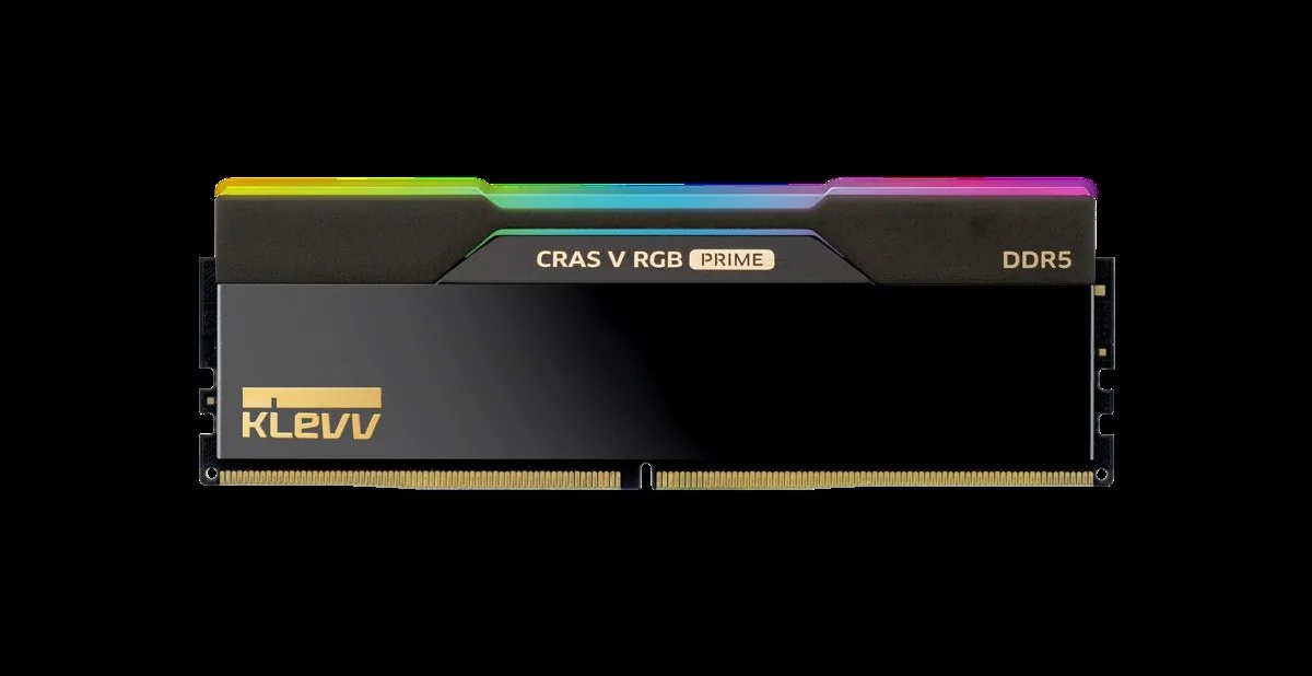 A Klevv Cras V RGB Prime DDR5 RAM stick with a colorful RGB lighting strip along the top edge.