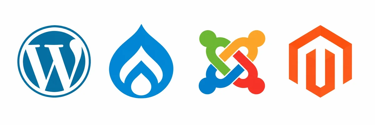 The image shows logos for WordPress, Drupal, Joomla, and Magento lined up horizontally.