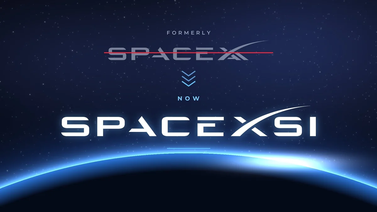 An image showing the transition from 'formerly SpaceX' to 'now SpaceXSI' against a starry background.