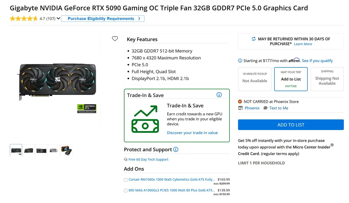 Gigabyte NVIDIA GeForce RTX 5090 Gaming OC Triple Fan 32GB GDDR7 PCIe 5.0 graphics card listing with a 4.7-star rating, key features including '32GB GDDR7 512-bit Memory,' and trade-in options advertised.