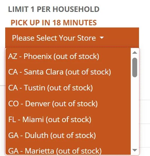 A dropdown menu titled 'Please Select Your Store' shows various locations, all marked as 'out of stock,' with a message above reading 'PICK UP IN 18 MINUTES.'