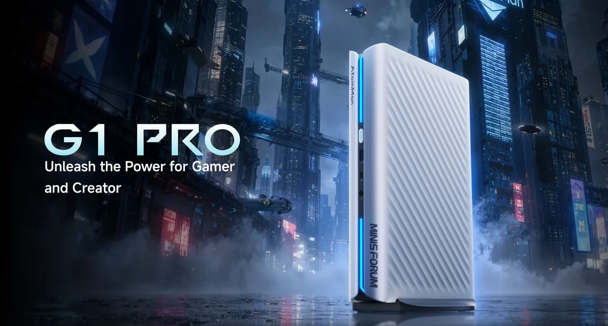 A futuristic cityscape backdrop highlights the Minisforum G1 Pro mini PC with the text 'Unleash the Power for Gamer and Creator' beside it.
