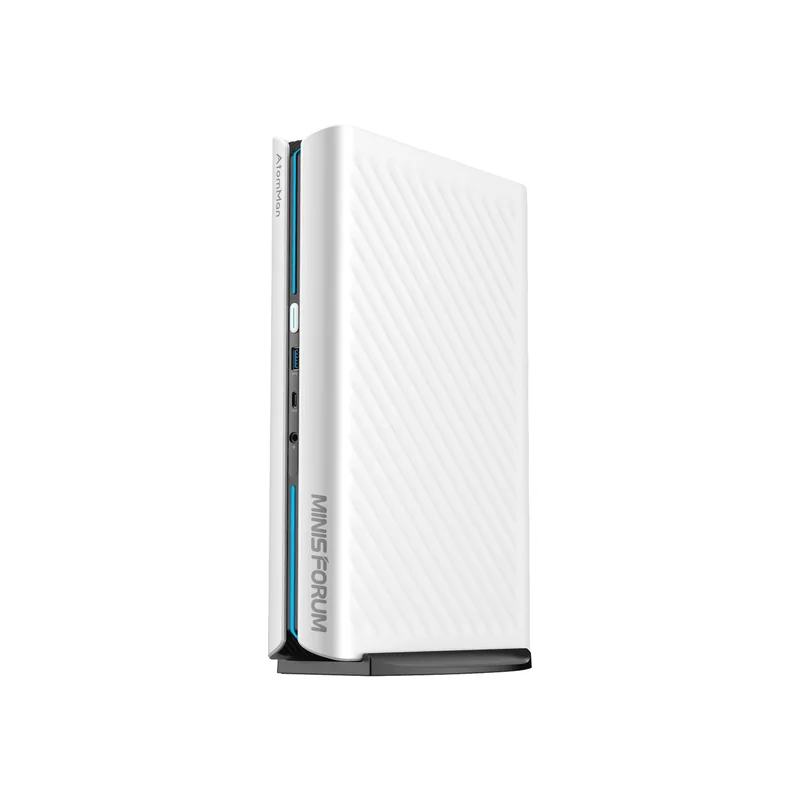 A white Minisforum mini PC with a vertically oriented case and visible ports on the side.