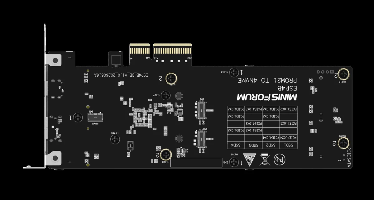 The underside of a Minisforum ESP8B expansion card is shown, featuring labeled sockets and ports intended for PCIe and SATA connections.