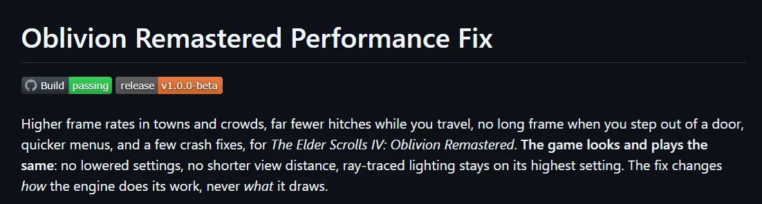 A screenshot shows the title 'Oblivion Remastered Performance Fix' with build status badges 'build passing' and 'release v1.0.0-beta' and detailed text about performance improvements for 'The Elder Scrolls IV: Oblivion Remastered' without altering the game's visuals.