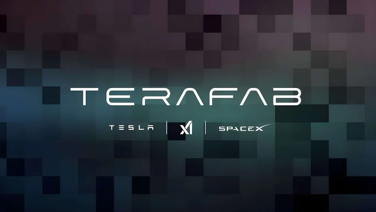 A stylized graphic displaying the text 'TERAFAB' with logos of Tesla, SpaceX, and another unidentified brand against a pixelated background.