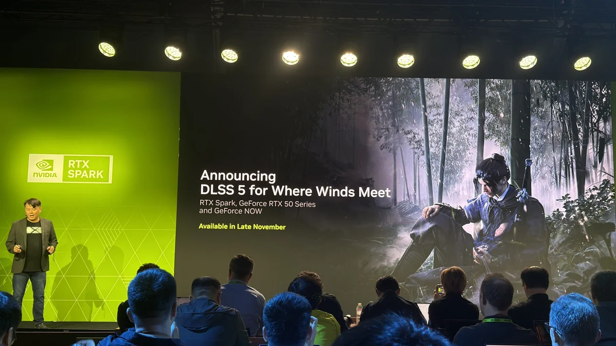 An NVIDIA presentation slide announces 'DLSS 5 for Where Winds Meet' alongside RTX Spark and GeForce RTX 50 Series, available in late November, with a presenter speaking on stage.