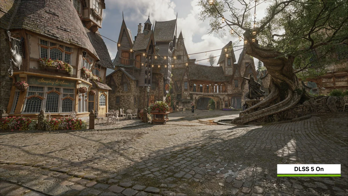 A picturesque medieval village scene in a video game with 'DLSS 5 On' displayed in the corner.