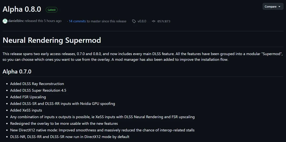 The image shows a GitHub release page for 'Neural Rendering Supermod' with version 'Alpha 0.8.0,' detailing updates including 'DLSS Ray Reconstruction' and 'DLSS Super Resolution 4.5.'