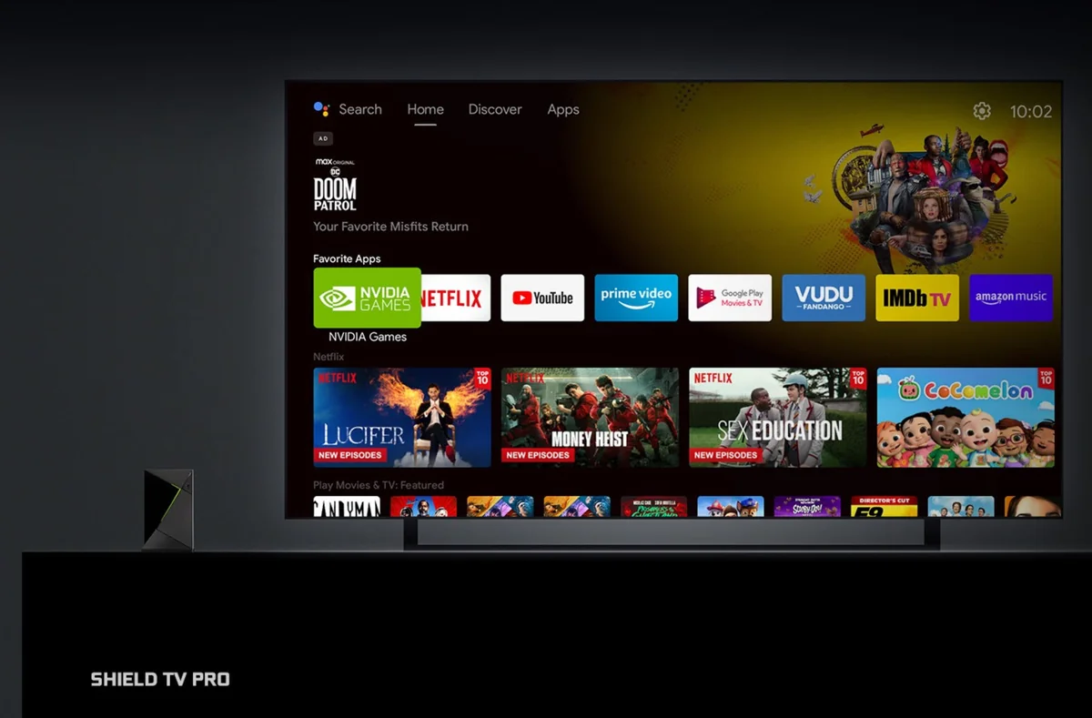 The image shows the NVIDIA Shield TV Pro interface displaying a selection of apps including Netflix and NVIDIA Games, with the time shown as 10:02 in the top right corner.