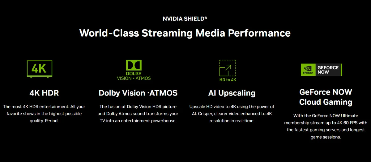 The image displays a promotional slide for NVIDIA SHIELD highlighting features such as '4K HDR', 'Dolby Vision · ATMOS', 'AI Upscaling', and 'GeForce NOW Cloud Gaming', each with brief descriptions of their benefits.