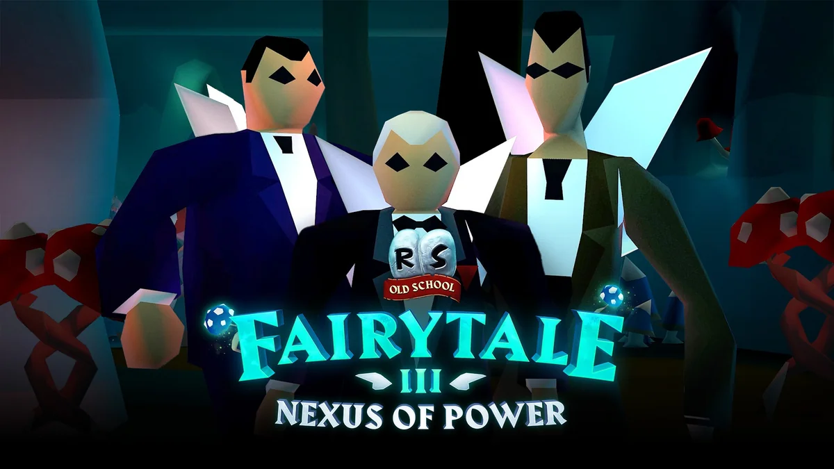 Three stylized characters stand in front of an 'RS Old School' logo and the text 'FAIRYTALE III NEXUS OF POWER' in a game promotional image.