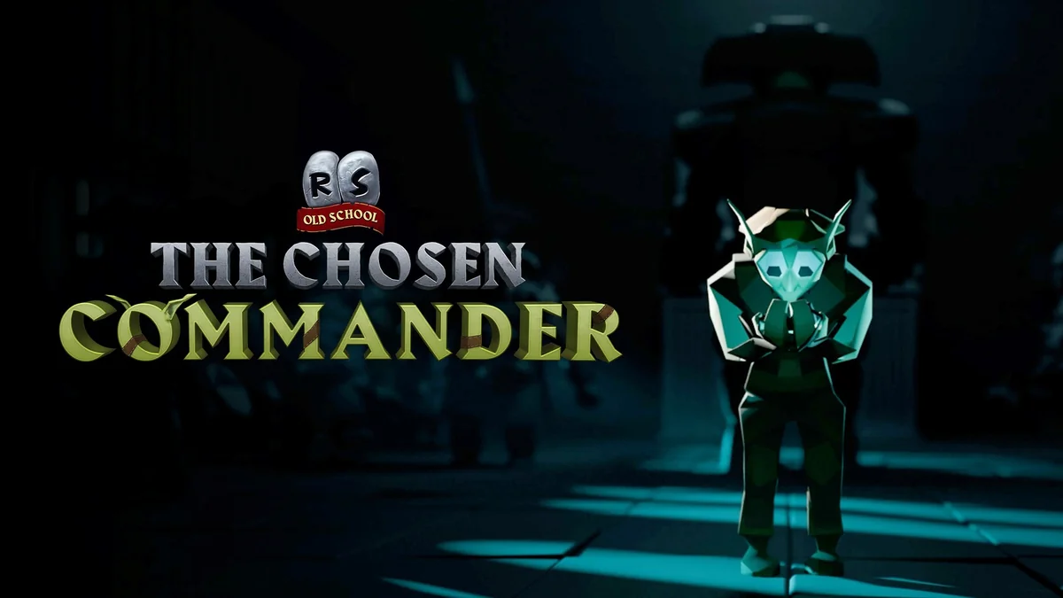 A goblin character stands in a dimly lit environment next to the title text 'Old School RS The Chosen Commander'.