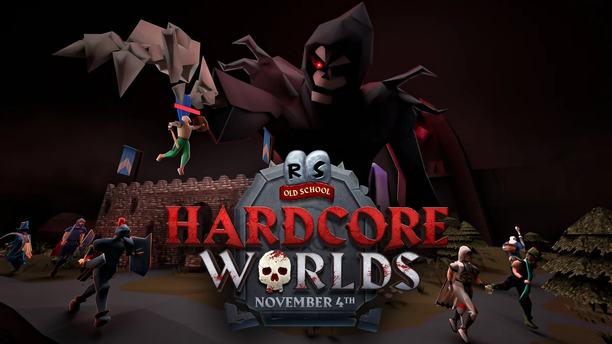A promotional image for 'RS Old School: Hardcore Worlds' featuring animated warriors battling in front of a giant dark figure, with the release date 'November 4th'.