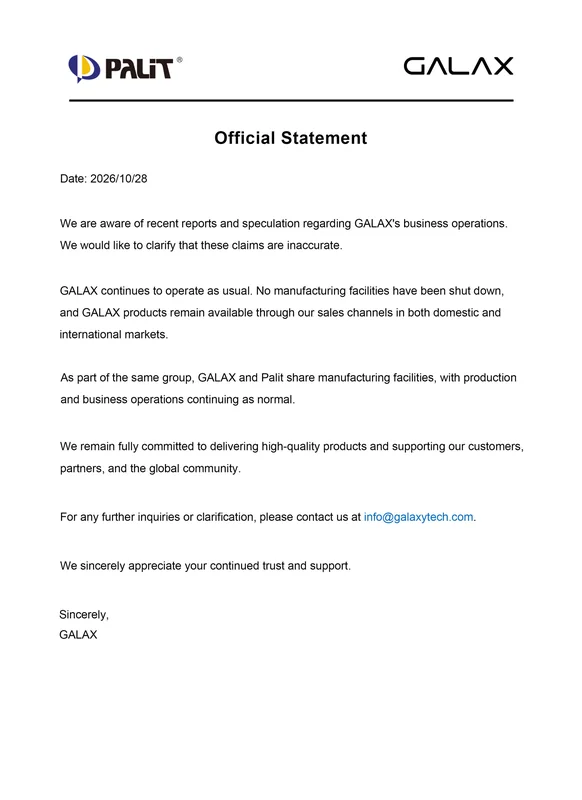 An 'Official Statement' from GALAX and Palit dated 2026/10/28 clarifying that their business operations continue as usual and refuting rumors about facility shutdowns.