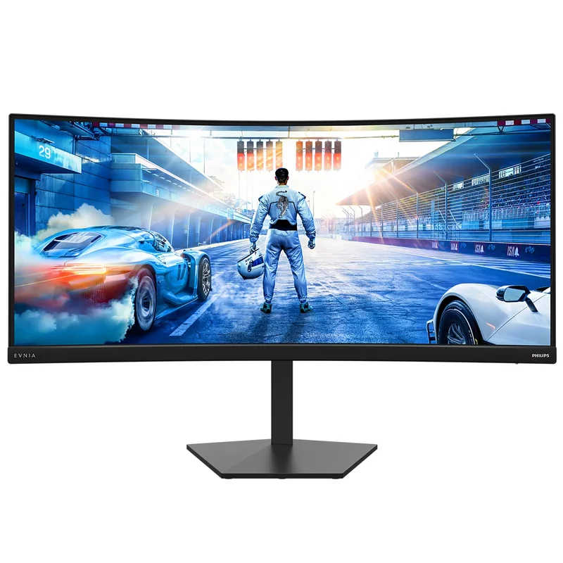 A Philips Evnia curved monitor displays a racing scene with a driver standing between two sports cars on a racetrack.