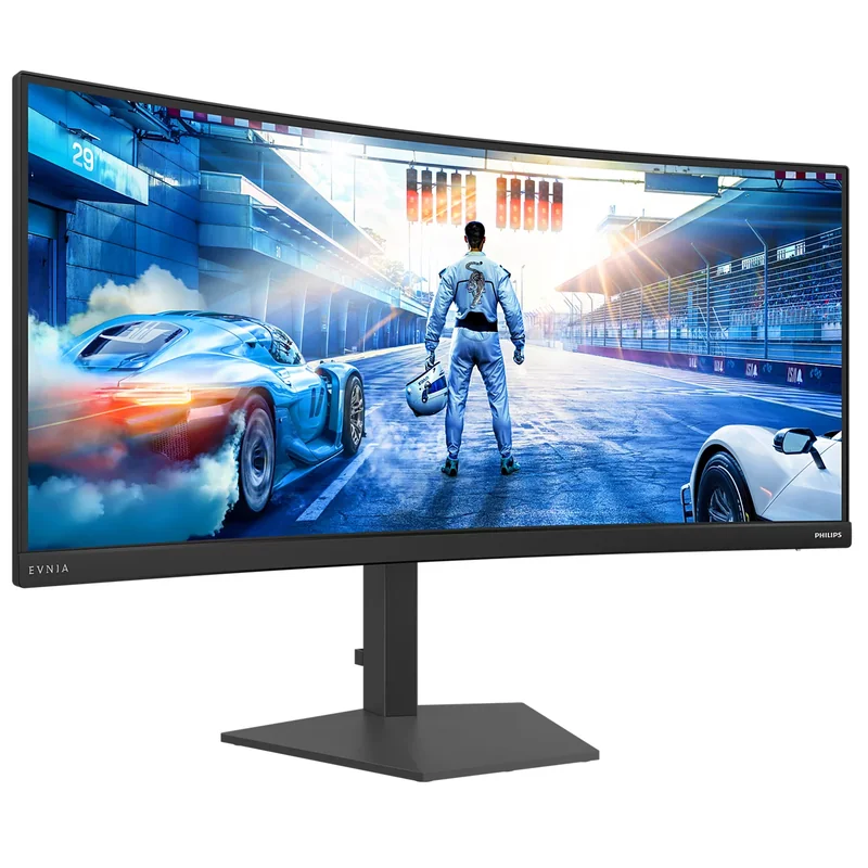 A Philips Evnia curved monitor displays a racing game scene with a driver standing on a track beside a blue sports car.