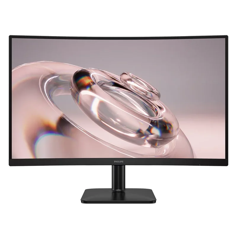 A Philips monitor displays a close-up image of transparent rings on its curved screen.
