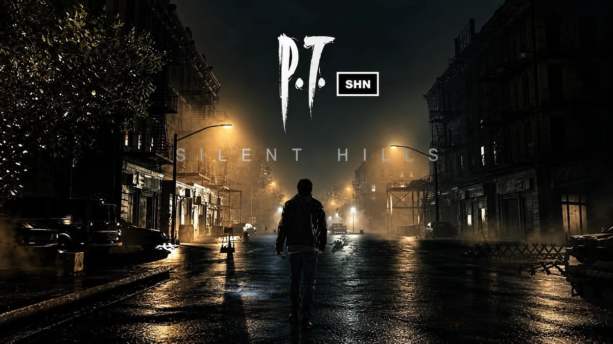 A lone figure walks down a dimly lit, misty street with the text 'P.T Silent Hills' prominently displayed above.