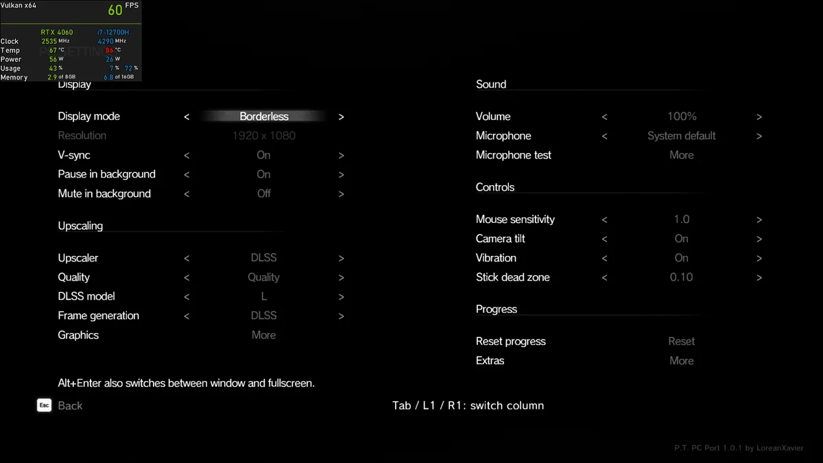 A screenshot of game settings for 'P.T. PC Port 1.0.1 by LoreanXavier' shows an RT 4060 graphics card and i7-12700H CPU running at 60 FPS with DLSS upscaling enabled.