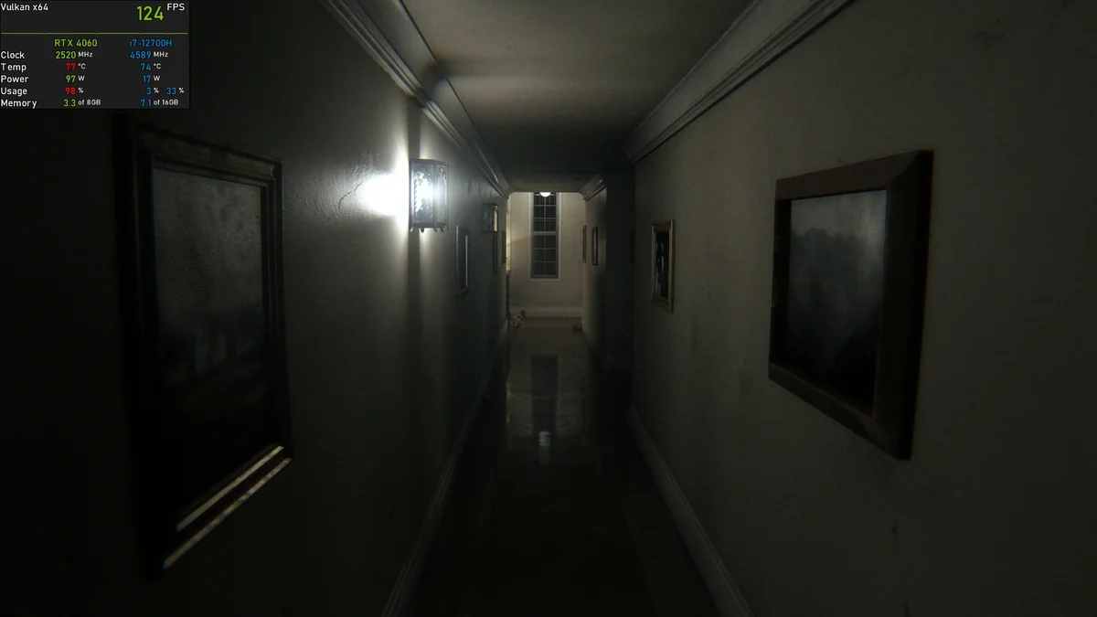 A dimly lit corridor in a game rendered on Vulkan x64 displays '124 FPS' in the top left, featuring an NVIDIA RTX 4060 and an Intel i7-12700H, with stats like 'Clock 2520 MHz', 'Temp 77°C', and 'Usage 98%'.