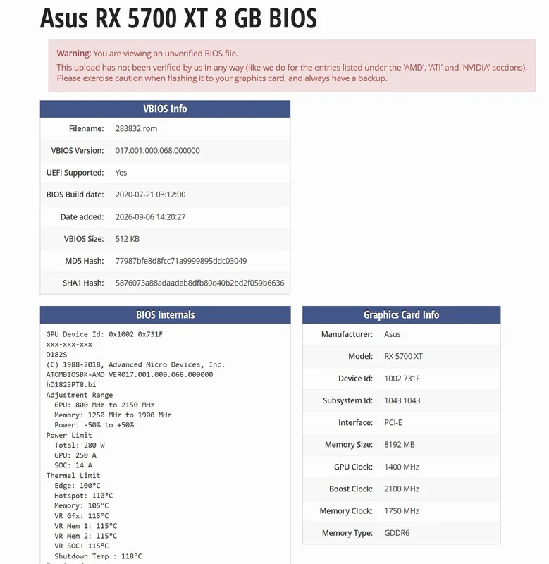 The image displays a webpage for the 'Asus RX 5700 XT 8 GB BIOS' with detailed tables showing VBIOS info, BIOS internals, and graphics card specifications including GPU clock of 1400 MHz and memory type GDDR6.