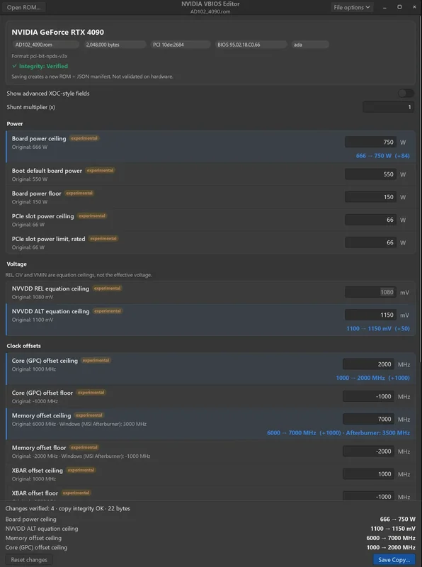 The NVIDIA VBIOS Editor interface shows settings for the NVIDIA GeForce RTX 4090, including a new 'Board power ceiling' set at 750 W and 'Core (GPC) offset ceiling' set between 1000 and 2000 MHz.