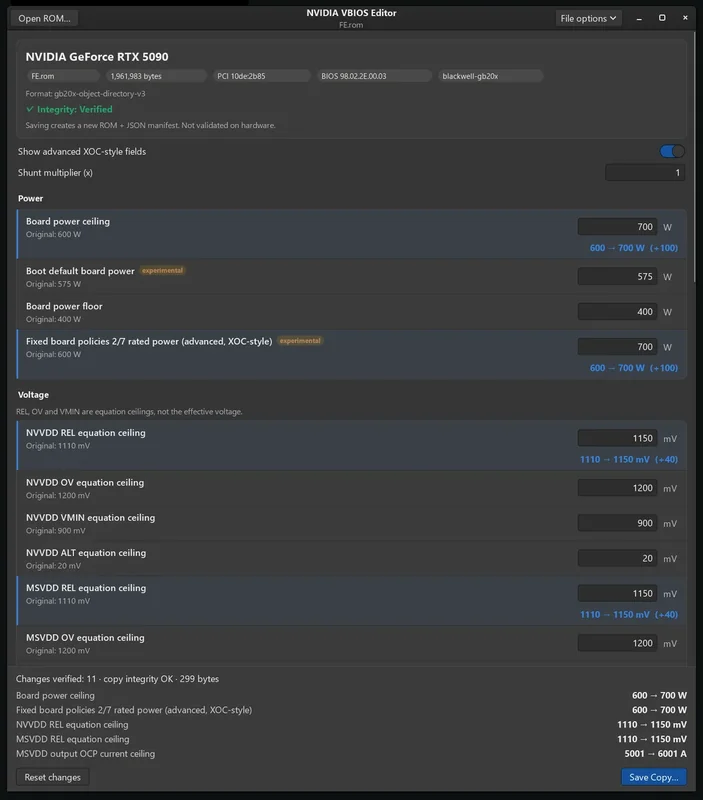The NVIDIA VBIOS Editor displays details for the 'NVIDIA GeForce RTX 5090,' showing power and voltage settings with a 'Board power ceiling' set to 700W and 'NVVDD REL equation ceiling' at 1150mV.