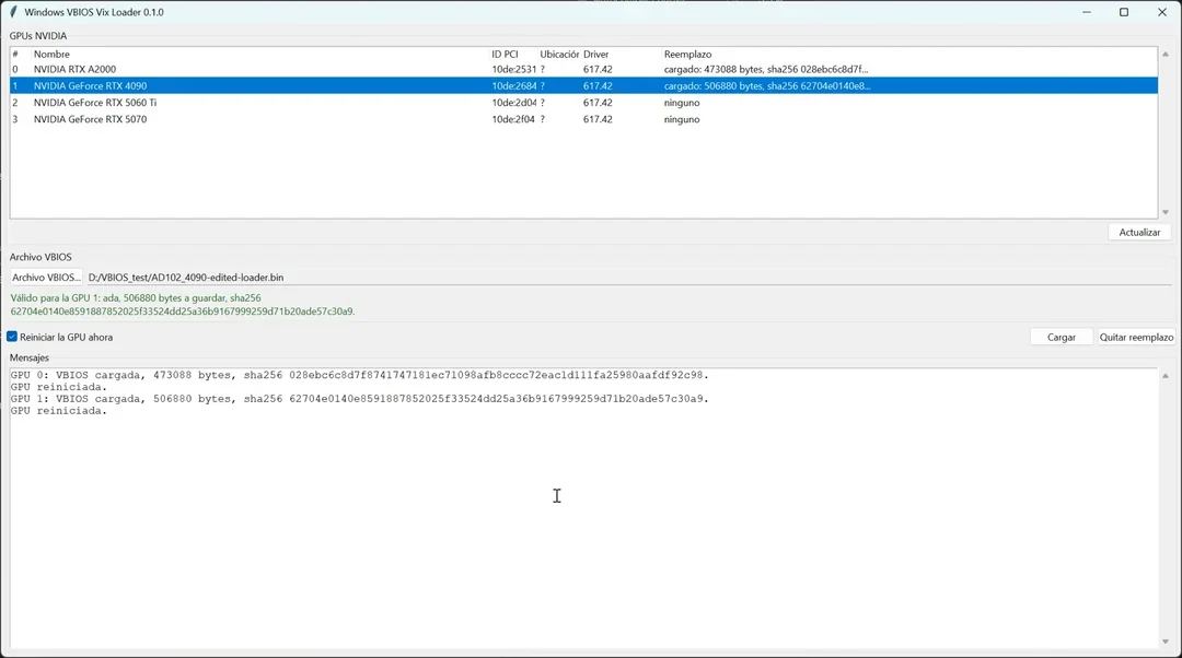 The image shows the Windows VBIOS Vix Loader 0.1.0 application with a list of NVIDIA GPUs including the GeForce RTX 4090, highlighting replaced VBIOS details with 'cargado: 506880 bytes, sha256 627040e1040e...' for the RTX 4090.