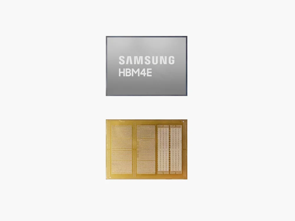 A Samsung HBM4E memory chip is displayed with its metallic casing above a circuit board.