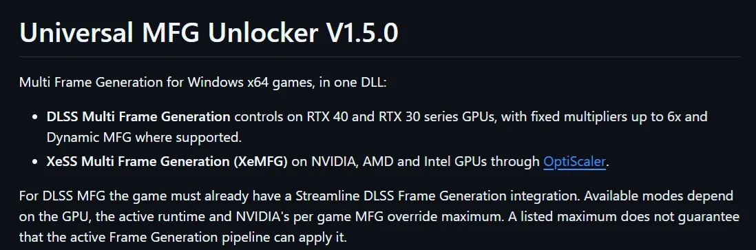 The image displays text describing Universal MFG Unlocker V1.5.0, highlighting DLSS and XeSS Multi Frame Generation controls for RTX 40/30 series GPUs and others, with a mention of OptiScaler.