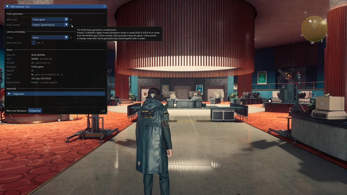 A game with an on-screen menu from 'MFG Unlocker 1.5.0' shows settings for 'DLSS frame generation' using 'NVIDIA Ada (RTX 40)' with a character standing in a modern office environment.