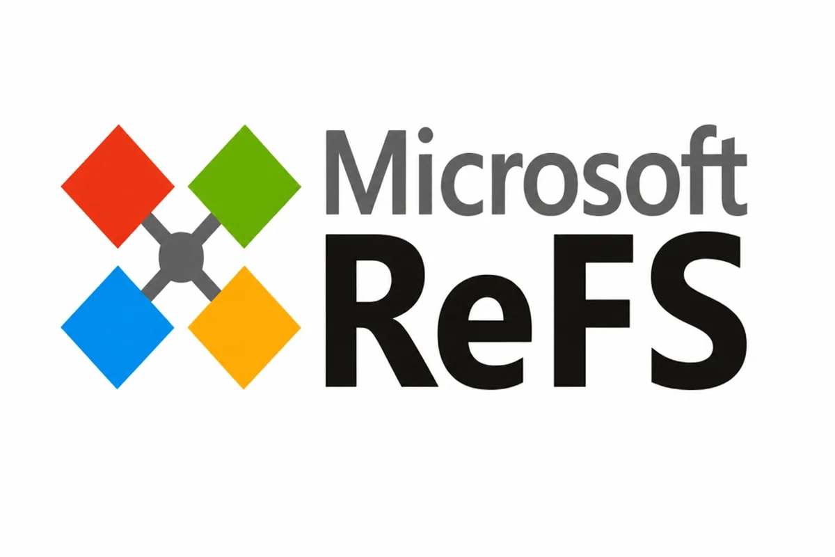 The image shows the logo for Microsoft ReFS with four colored diamonds arranged in an X shape.